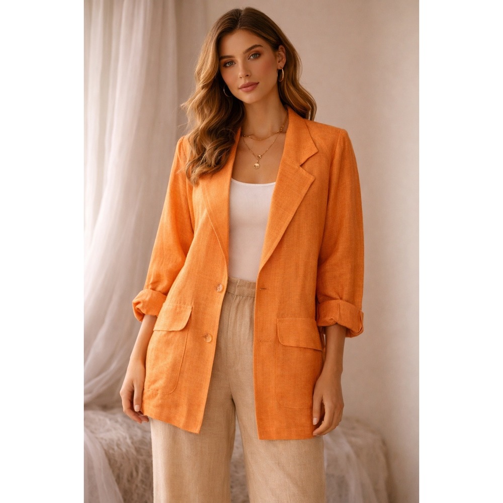 Vtg Fenn Wright Manson Linen Blazer Career Party Orange Size 8 Festive Cruise